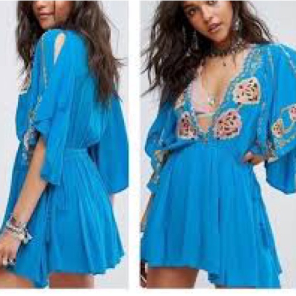 Free People Cora Embroidered Dress in Turquoise - NEW (small flaw) - Size Medium